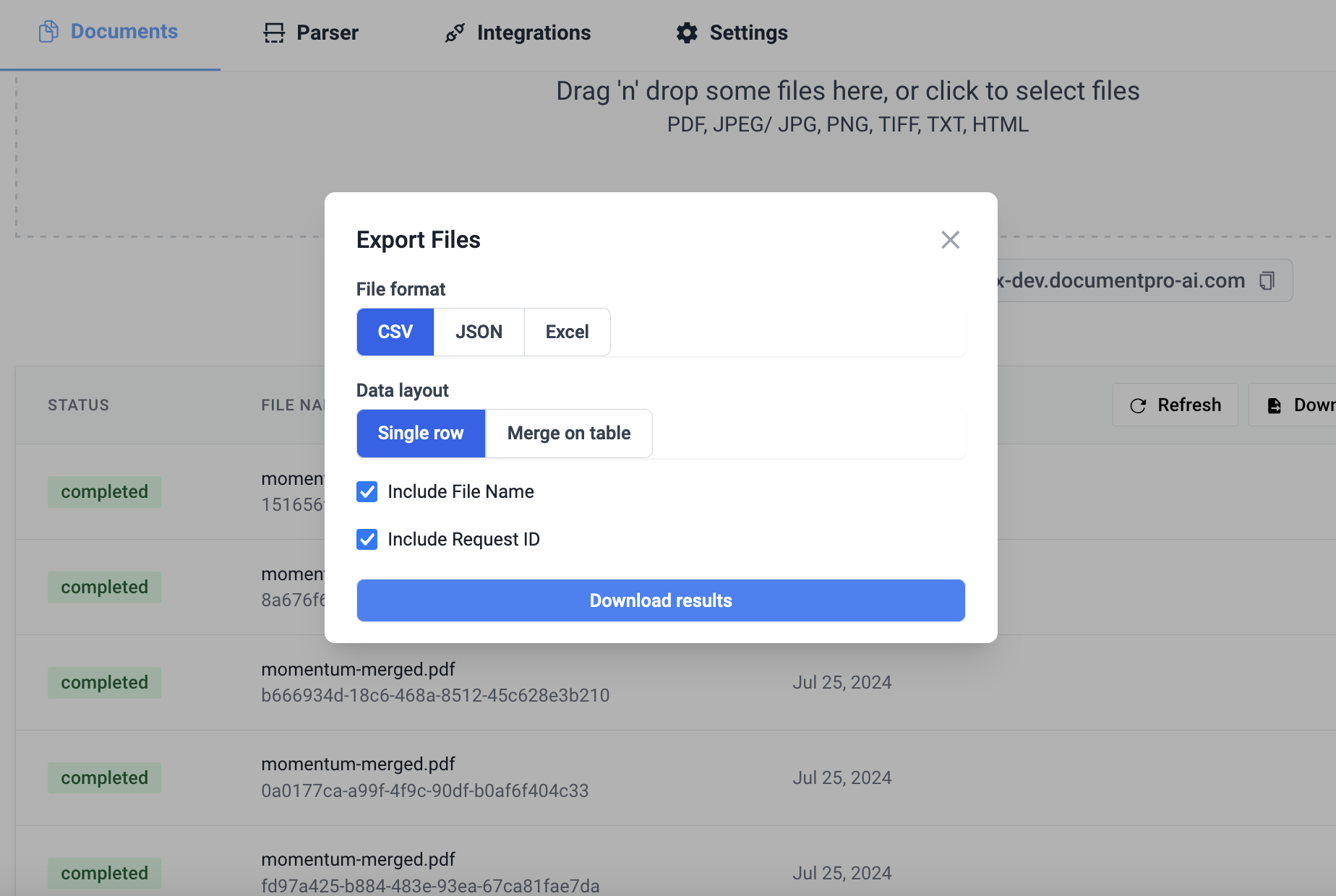 Single Document Export Option